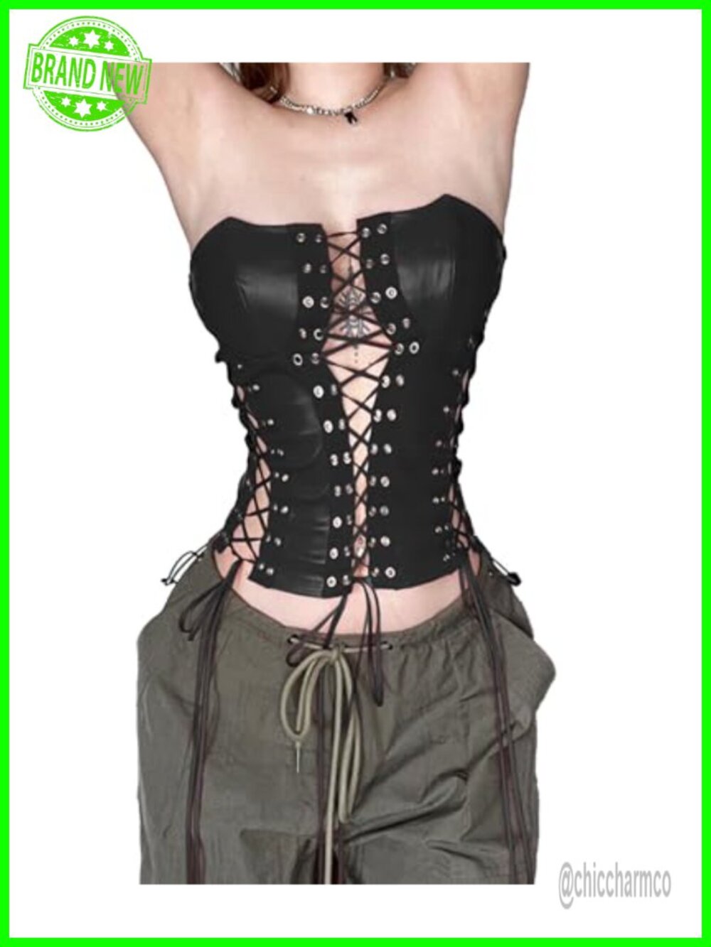 Women's Faux Leather Strapless Tube Top Lace Up Corset Bustier Vest